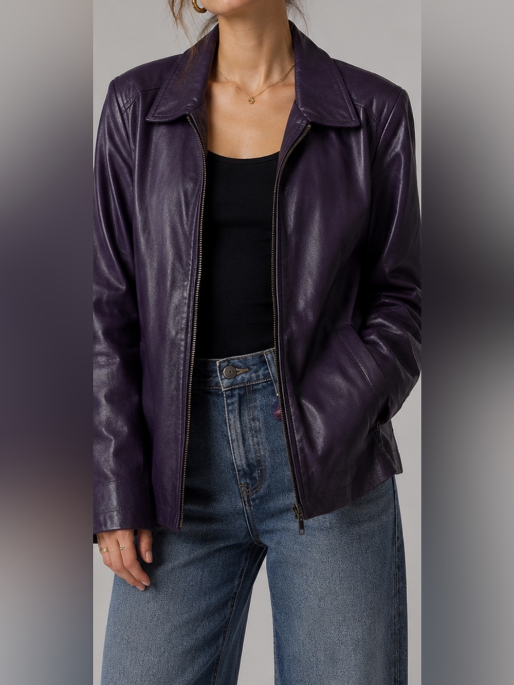 D&Co Women 1X Genuine Leather Jacket Purple Leopard Lined Full Zip Plus Size